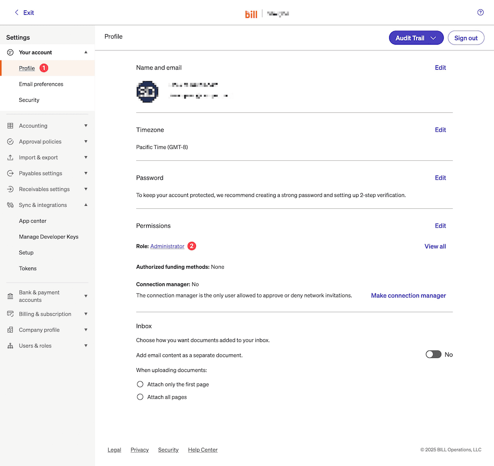 Bill.com administrator role settings