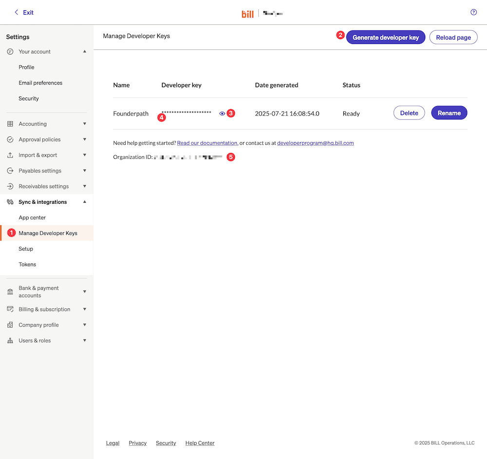 Bill.com developer keys settings