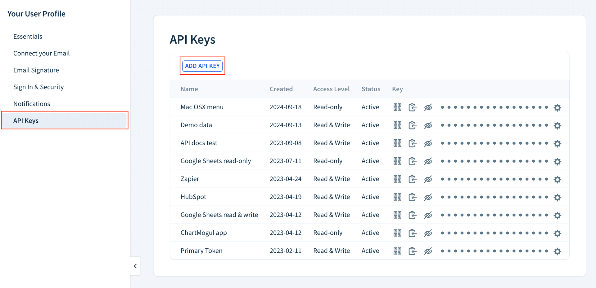 ChartMogul API key generation page