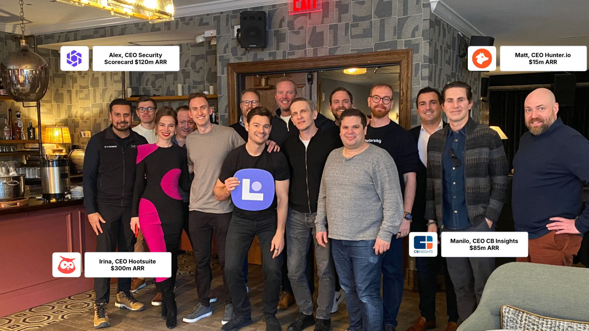 High-revenue entrepreneurs and CEOs networking with company ARR metrics displayed